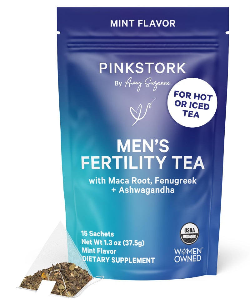 Pink Stork BlueStork Men's Fertility Tea: Organic Fertility Supplements for Men, Green Tea, Maca Root, and Ginkgo Biloba for Male Reproductive Health, Mint, 15 Sachets - Image 1